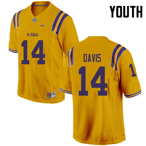 Youth #14 Drake Davis LSU Tigers College Football Jerseys Sale-Gold